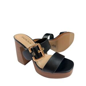 Soda Womens Black Faux Leather Platform Block Heel Sandals Gold Buckle Mules